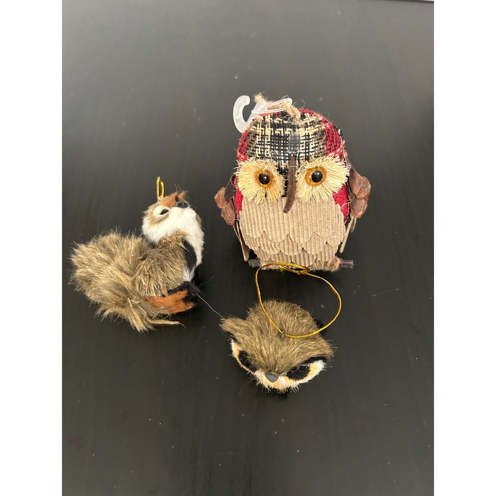 Ornament Holiday Woodland Forest Animal Faux Fur Owl Squirrel Set of 3 Vintage
